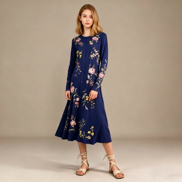 NWOT JOHNNY WAS Floral Embroidered Cotton Long Sleeves Midi Dress Size S Blue - Picture 1 of 13